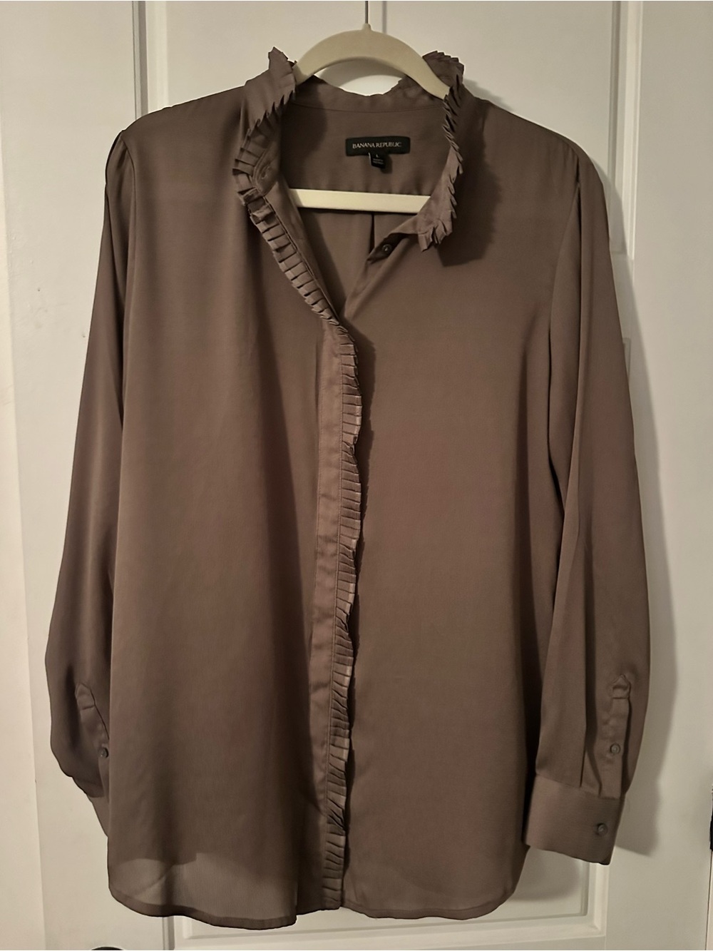 Banana Republic Taupe Ruffle-Trim Long-Sleeve Blouse